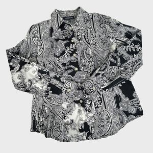 Jones New York Blouse Women PM Petite Paisley Black White Button Down Cotton Top